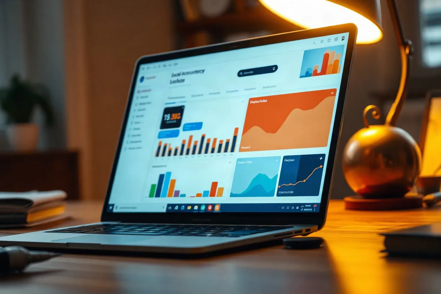 A laptop on a wooden desk displays a colourful analytics dashboard with area and bar charts, lit by a warm desk lamp