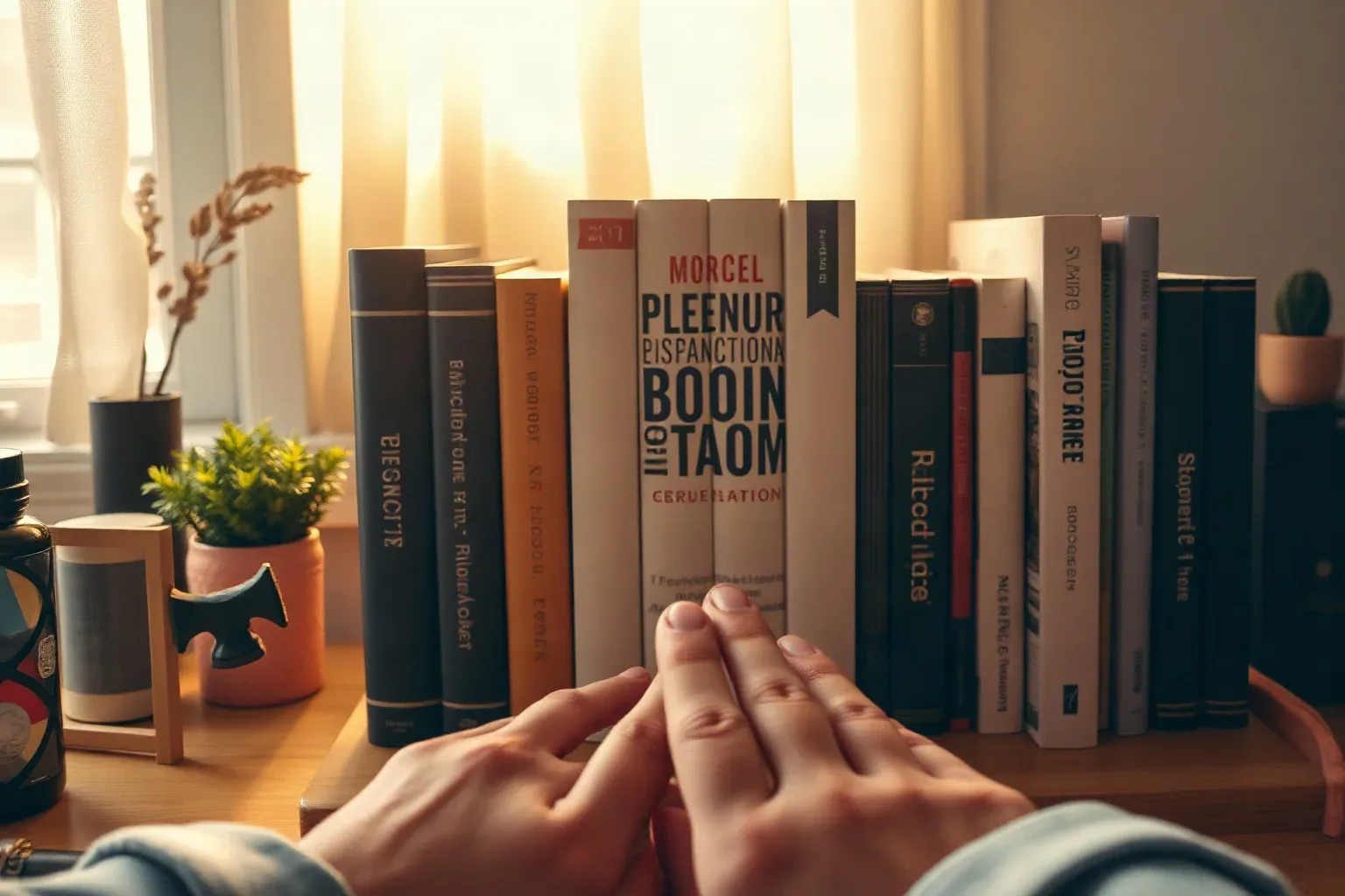 A person rests their hands on a desk in front of a short row of standing books, with small potted plants and decorative objects nearby in warm window light