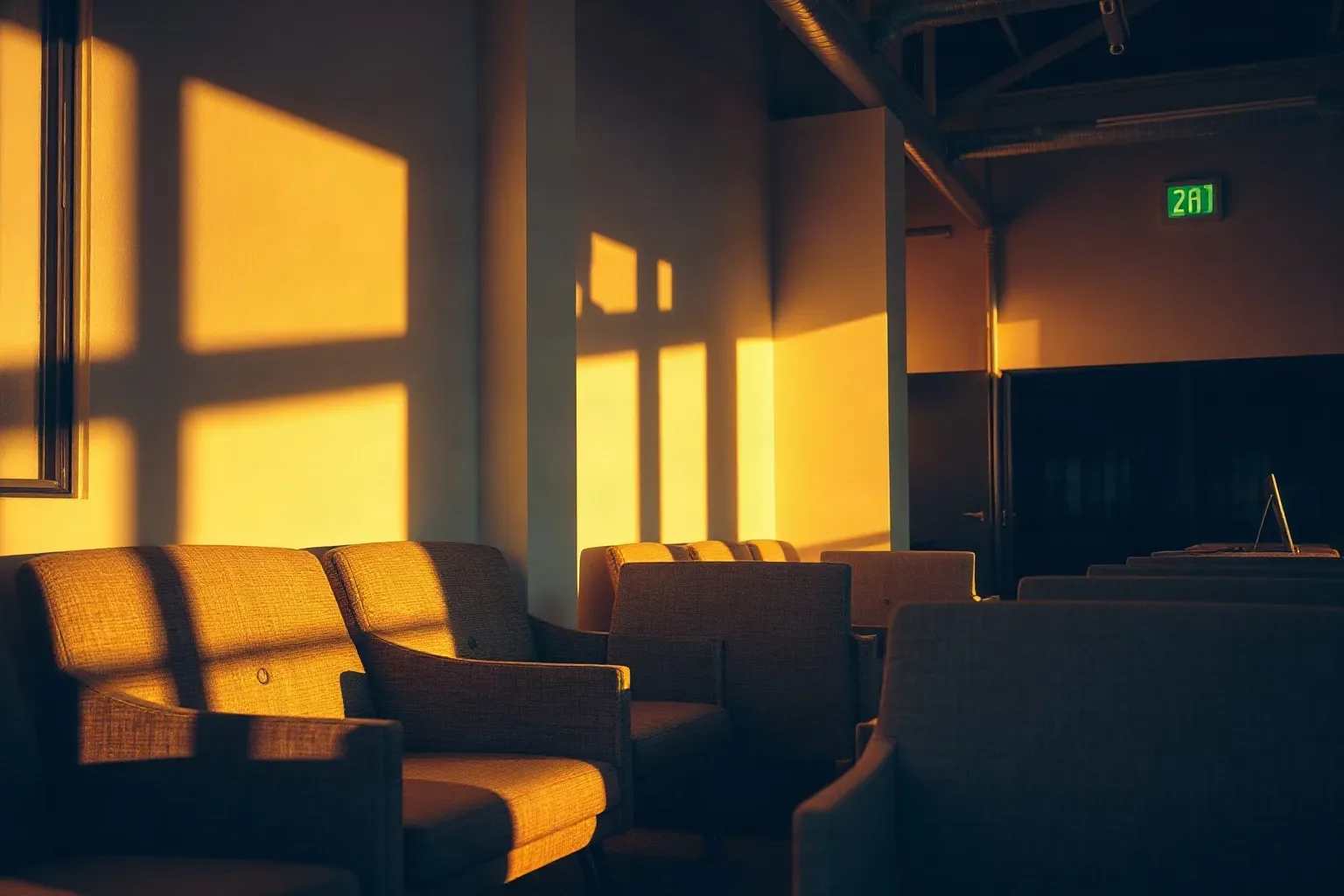 A row of empty upholstered armchairs lines a wall bathed in warm golden light cast through large windows in an unoccupied waiting area