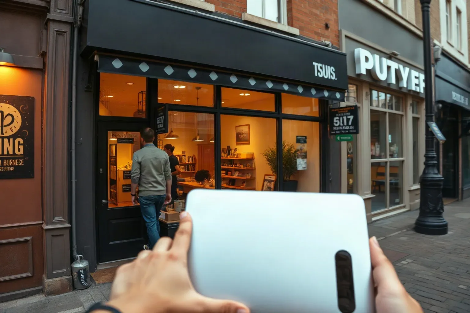 A person holds a tablet towards a warmly lit independent retail shopfront on a quiet street, while another person enters the shop