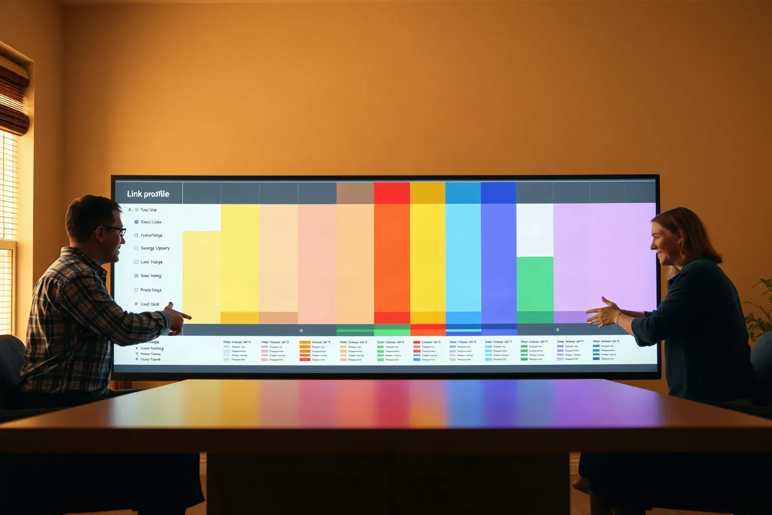 Two people sit at opposite ends of a long table, gesturing towards a large screen displaying a wide multicolour block visualisation
