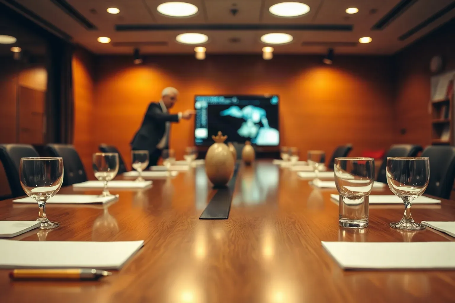 A long polished conference table set with water glasses and notepads, shot at low angle, with a person gesturing toward a screen in the blurred background