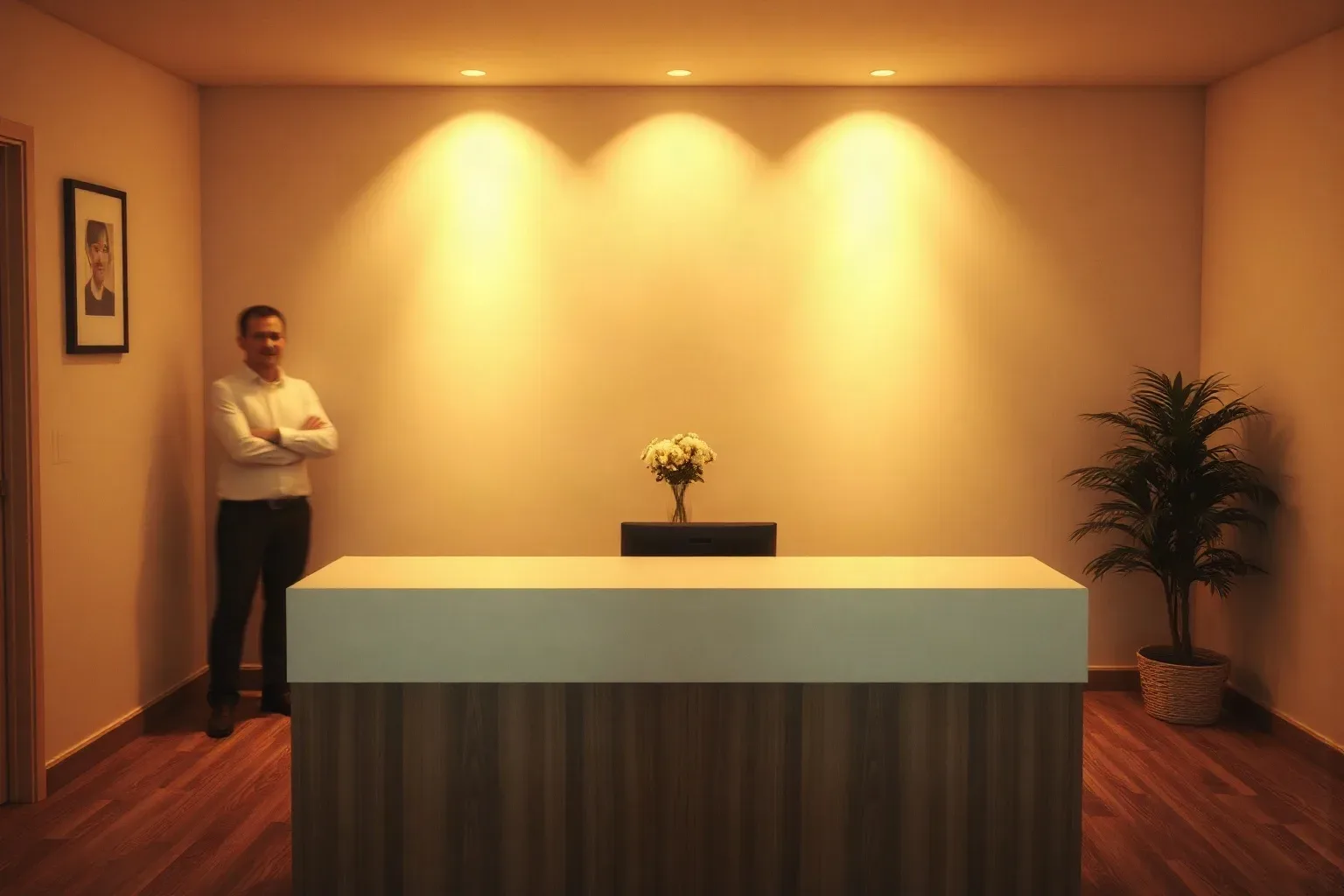 A person stands with arms folded beside a reception desk topped with a vase of white flowers, in a warmly lit professional office with a potted plant to one side