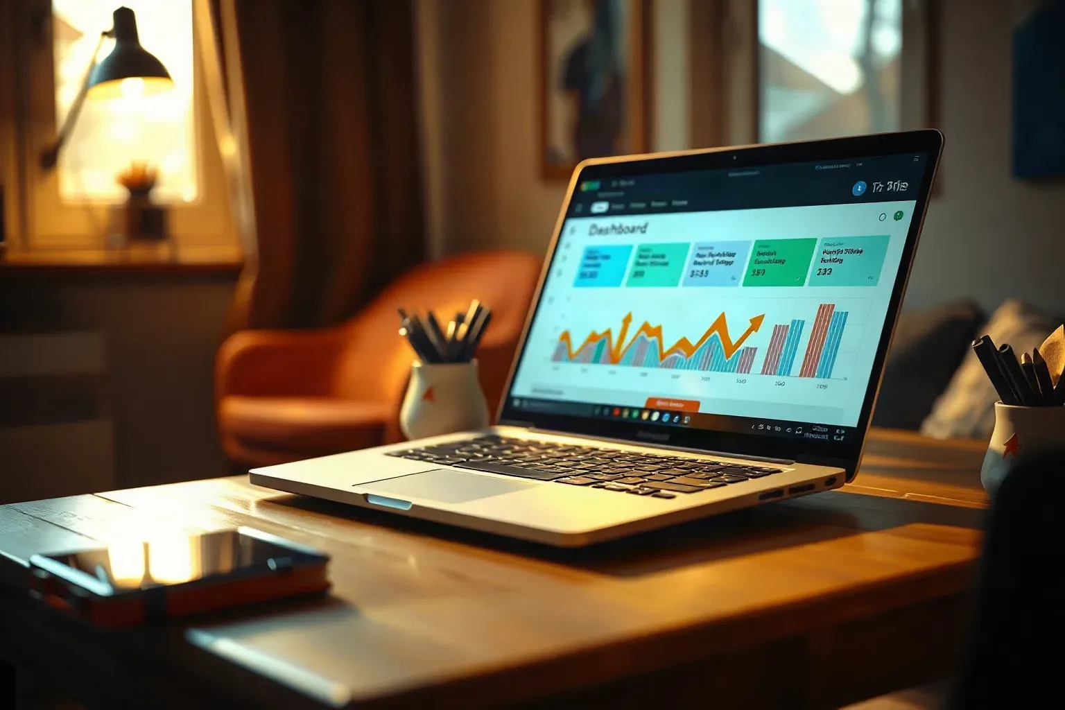 A laptop on a wooden desk displays a colourful dashboard with charts, beside a pencil pot, in a warmly lit room