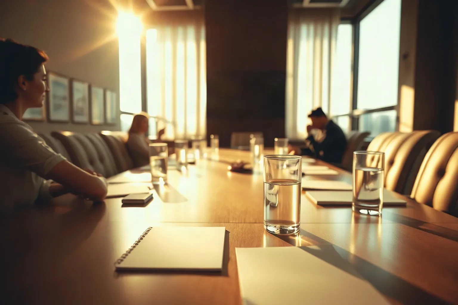 Several people sit around a long polished conference table set with water glasses and notepads, bathed in warm sunlight from large windows