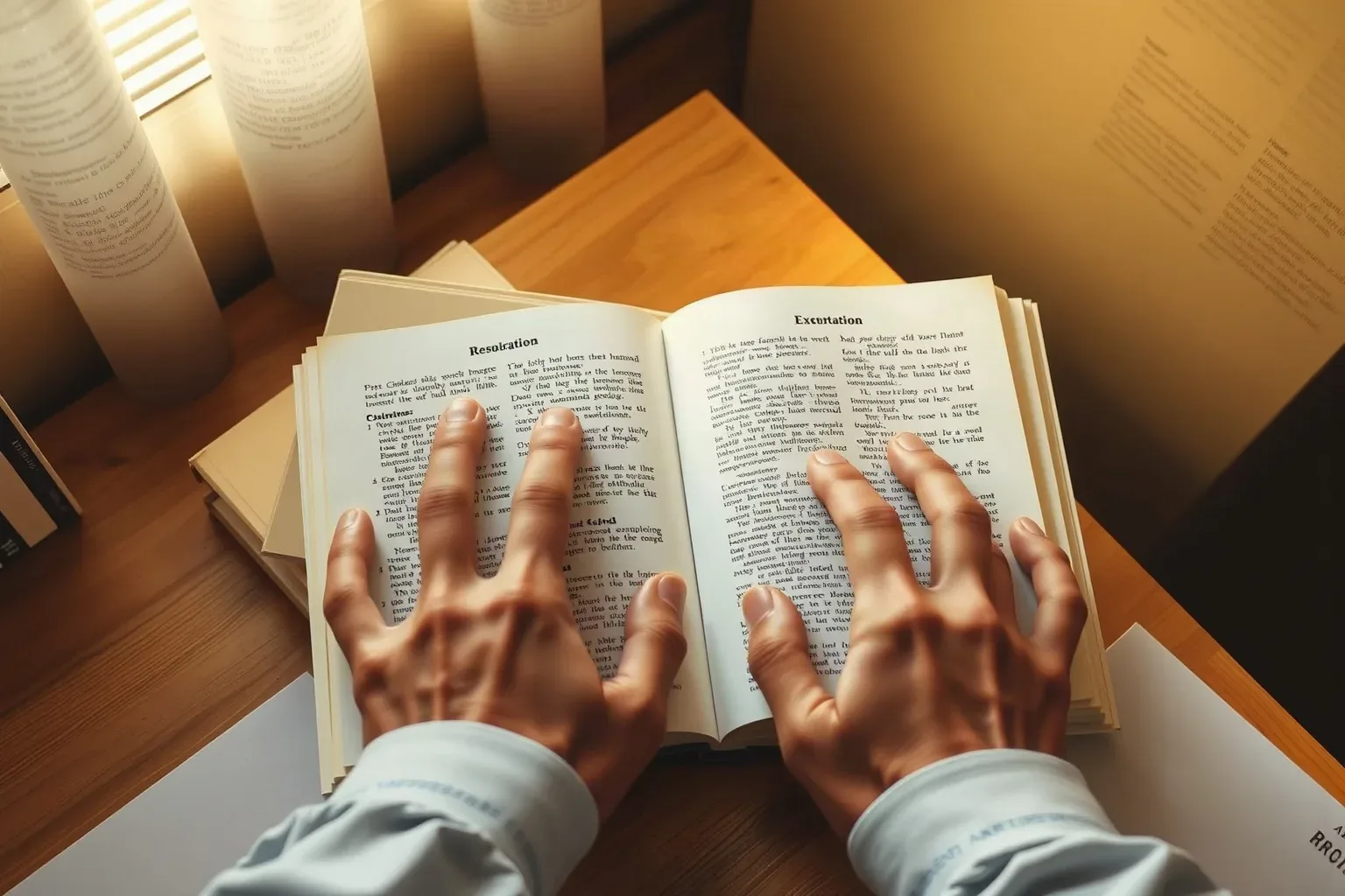 A person holds open a book on a desk surrounded by other volumes and papers, viewed from above in warm light