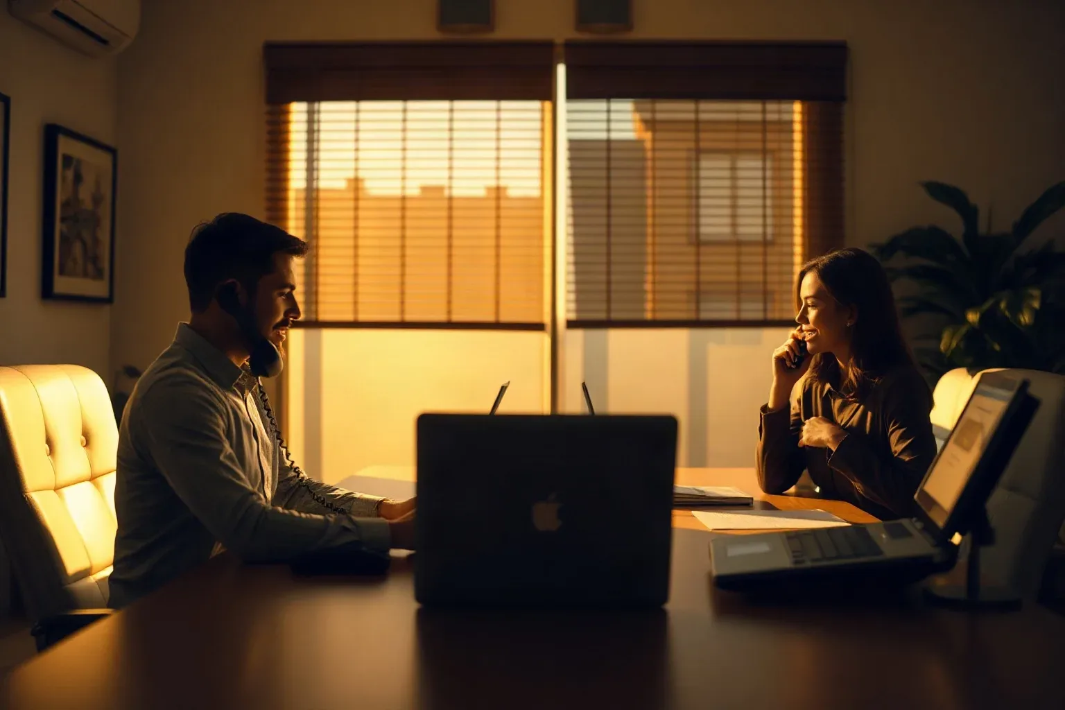 Two people sit at opposite ends of a long desk, each on a telephone call, bathed in warm evening light from a window with slatted blinds