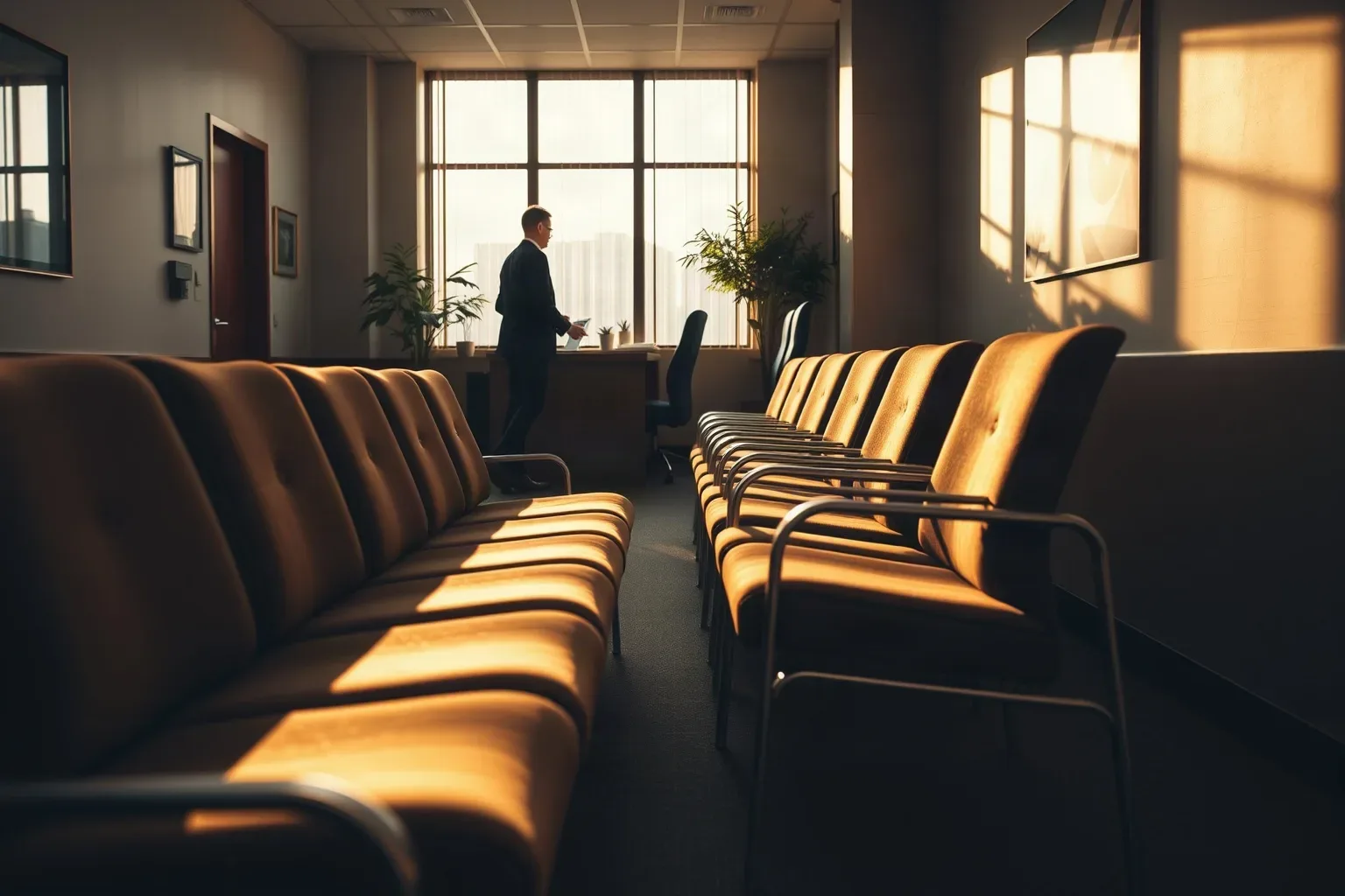 A person in a dark suit stands by a large window in an empty waiting area lined with rows of upholstered chairs bathed in warm golden light