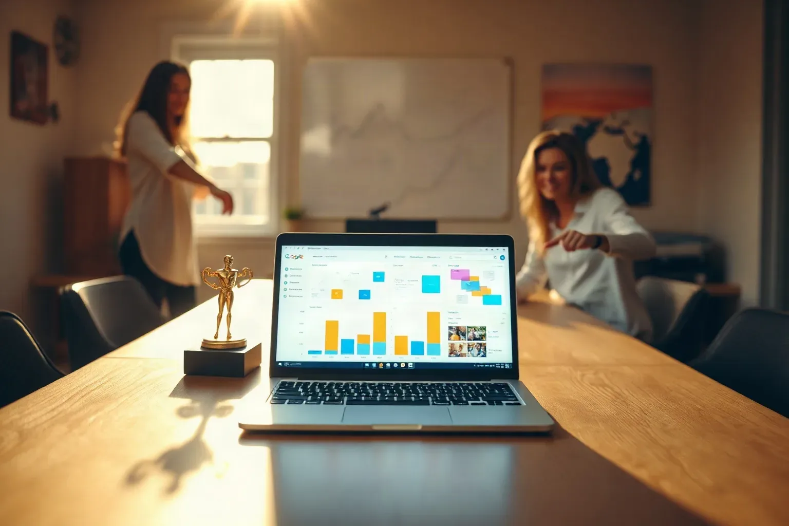 A laptop on a long wooden table displays a colourful bar-chart dashboard, with two people moving in the background of a sunlit meeting room beside a whiteboard