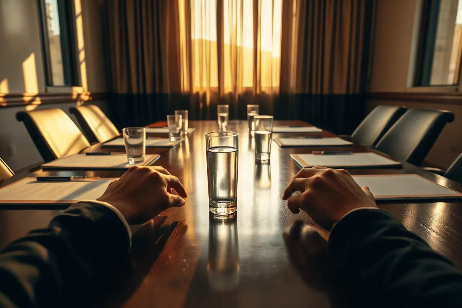 A person's hands rest on a polished conference table set with water glasses and notepads, warm sunlight filtering through curtains in an empty meeting room