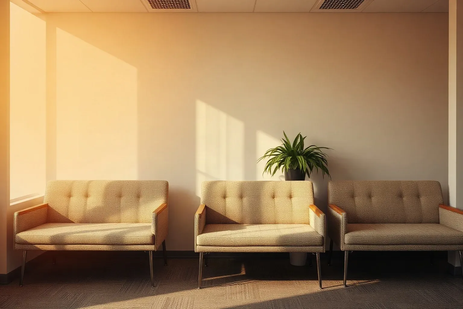A row of three unoccupied upholstered chairs lines a pale wall in a quiet office waiting area, with a potted plant between two of them and warm sunlight casting window shadows across the wall
