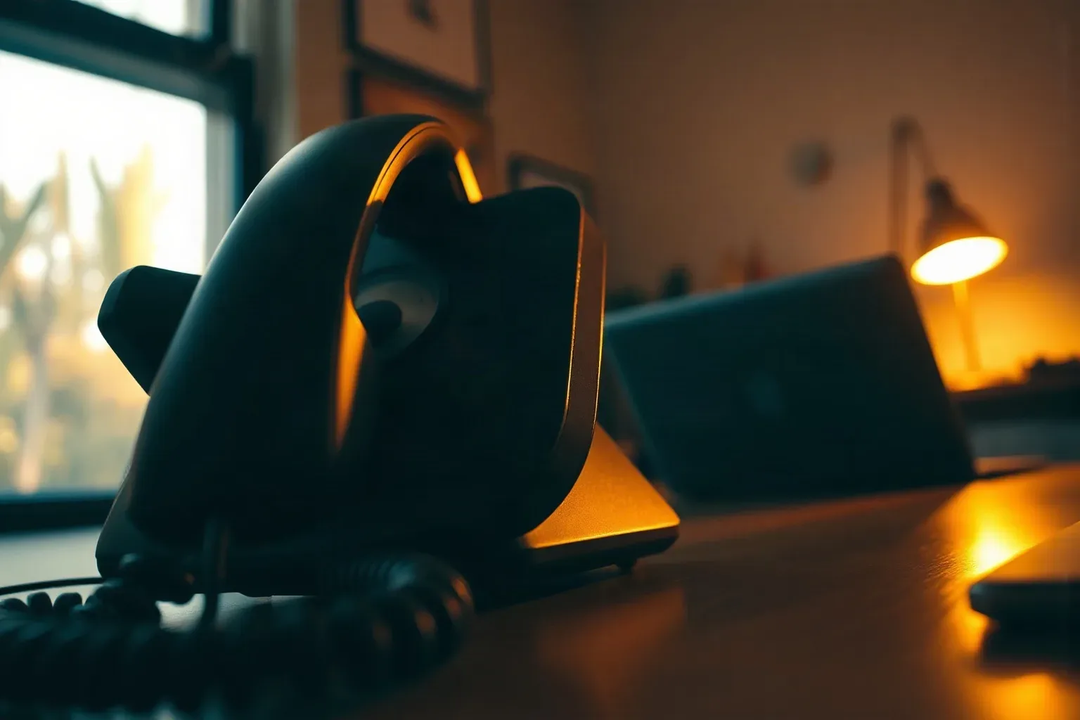 A dark, sculptural desk phone sits on a wooden surface in a warmly lit room, backlit by golden light from a nearby lamp and a window