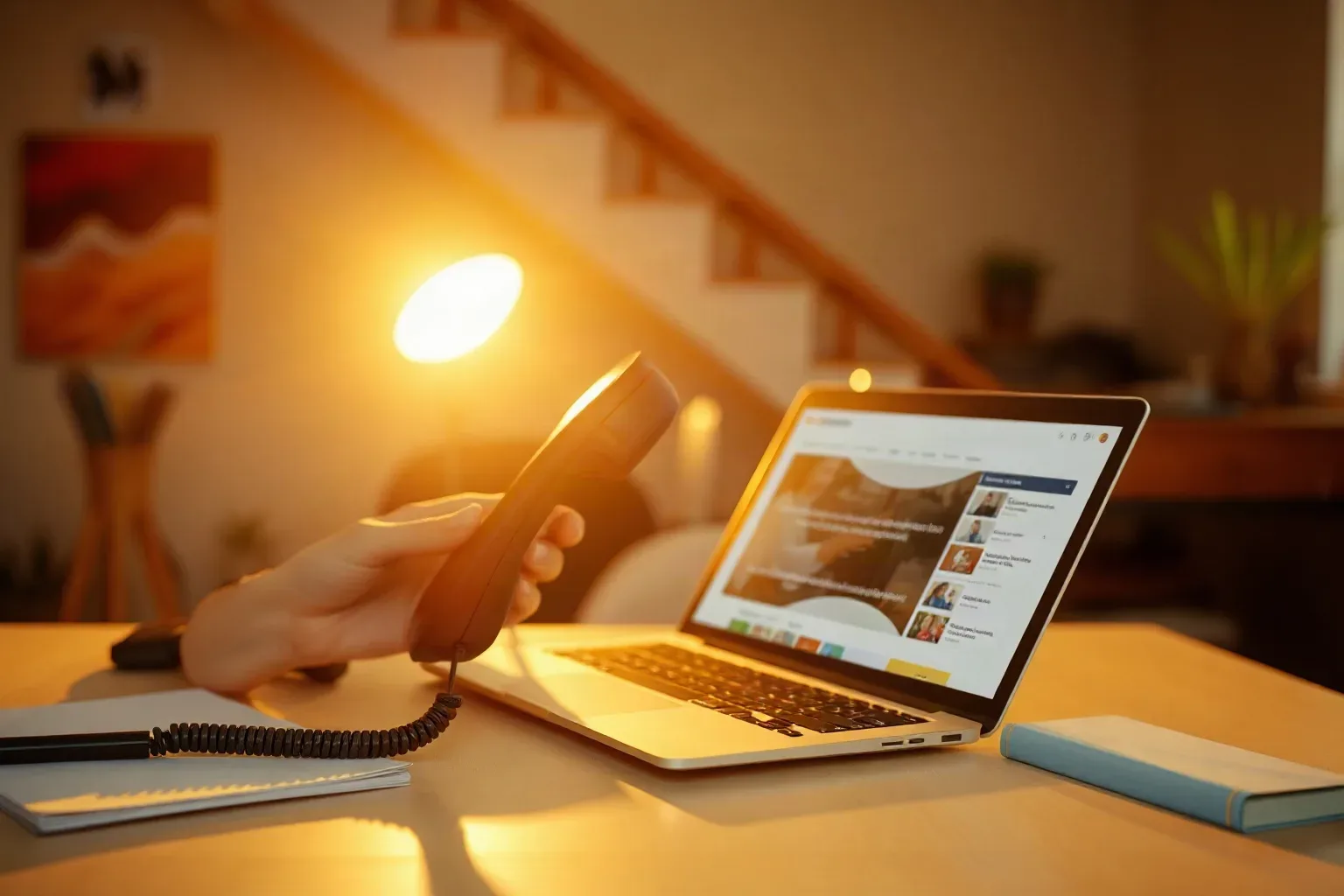 A person holds a corded telephone handset beside an open laptop on a warmly lit desk, with a notepad and notebook nearby