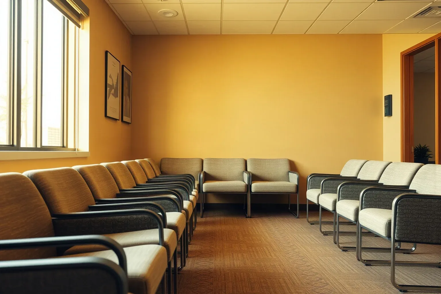 An empty waiting area with rows of upholstered chairs arranged along yellow-painted walls, lit by warm daylight from a large window