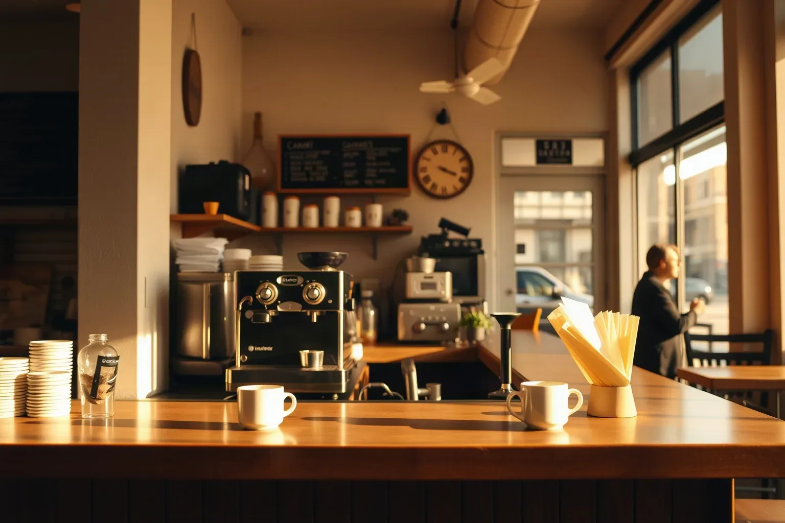 A café counter with two white cups, an espresso machine, and stacked saucers, with a person standing near a window in the background
