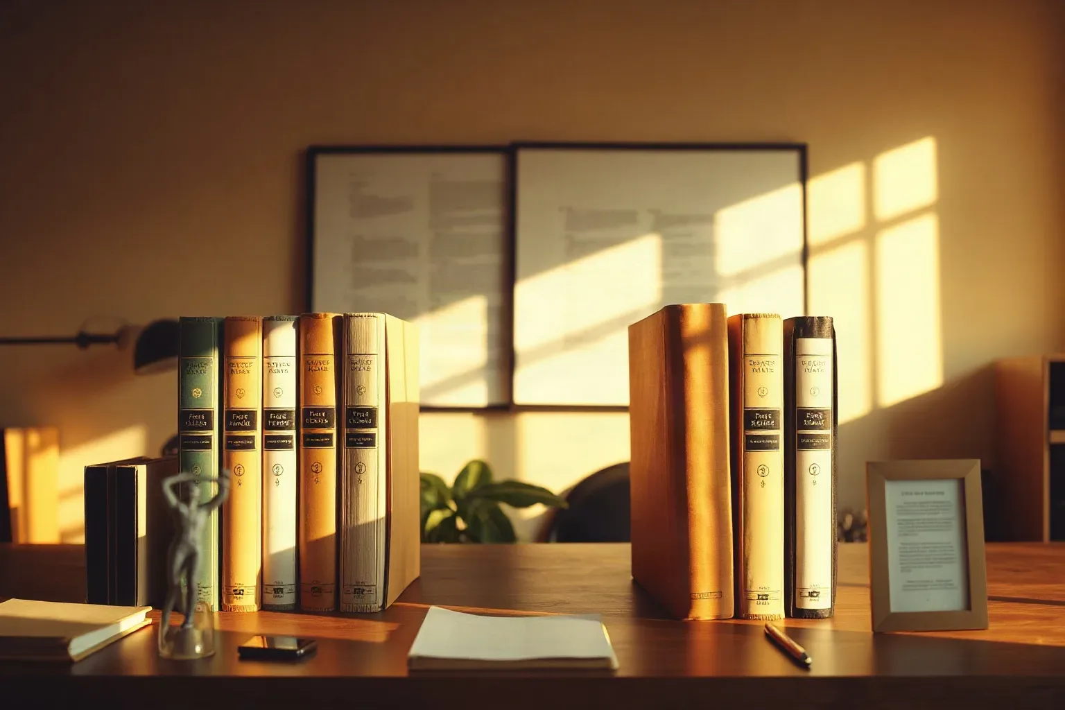 Several bound volumes stand upright in a row on a wooden desk, bathed in warm golden light from a nearby window, with a small figurine, loose papers, and a pen also on the surface