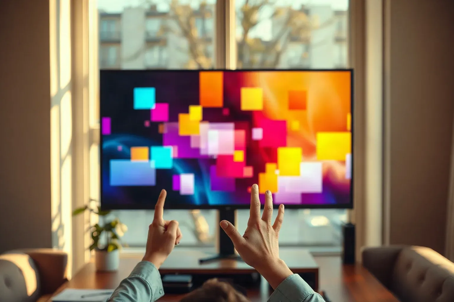 A person gestures with both hands towards a large monitor displaying abstract multicolour square shapes in a living room