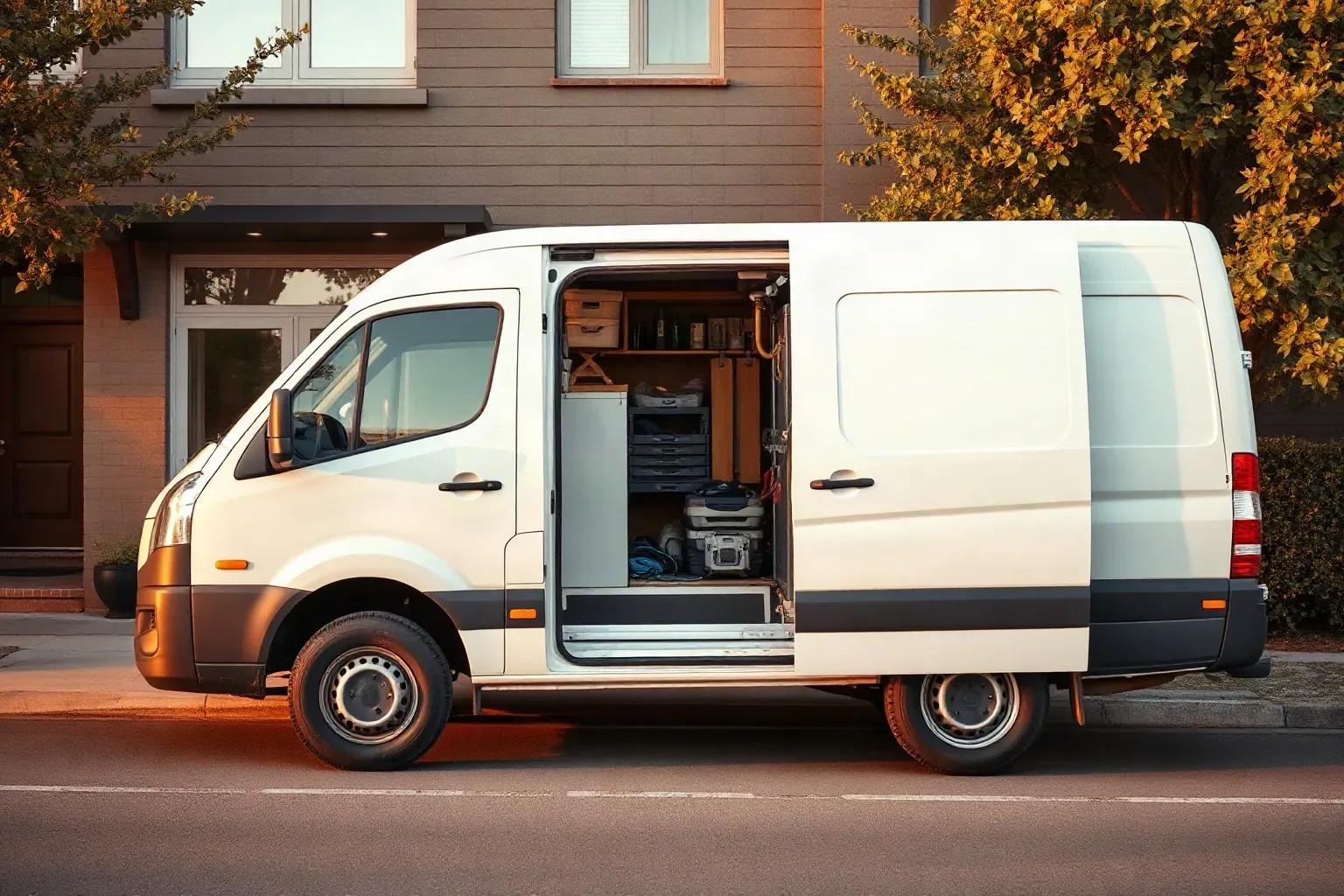 A plain white high-roof panel van is parked at a kerb with its sliding side door open, revealing shelving and organised equipment storage inside