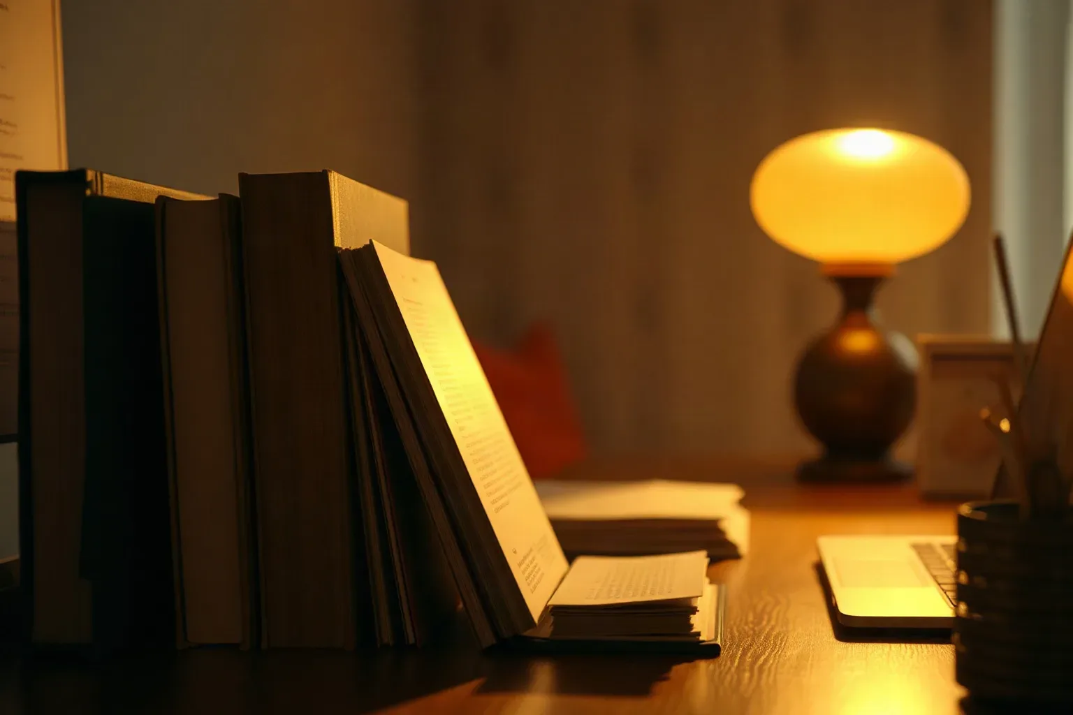 Several books stand upright on a wooden desk beside an open volume, lit by the warm glow of a small table lamp in the background