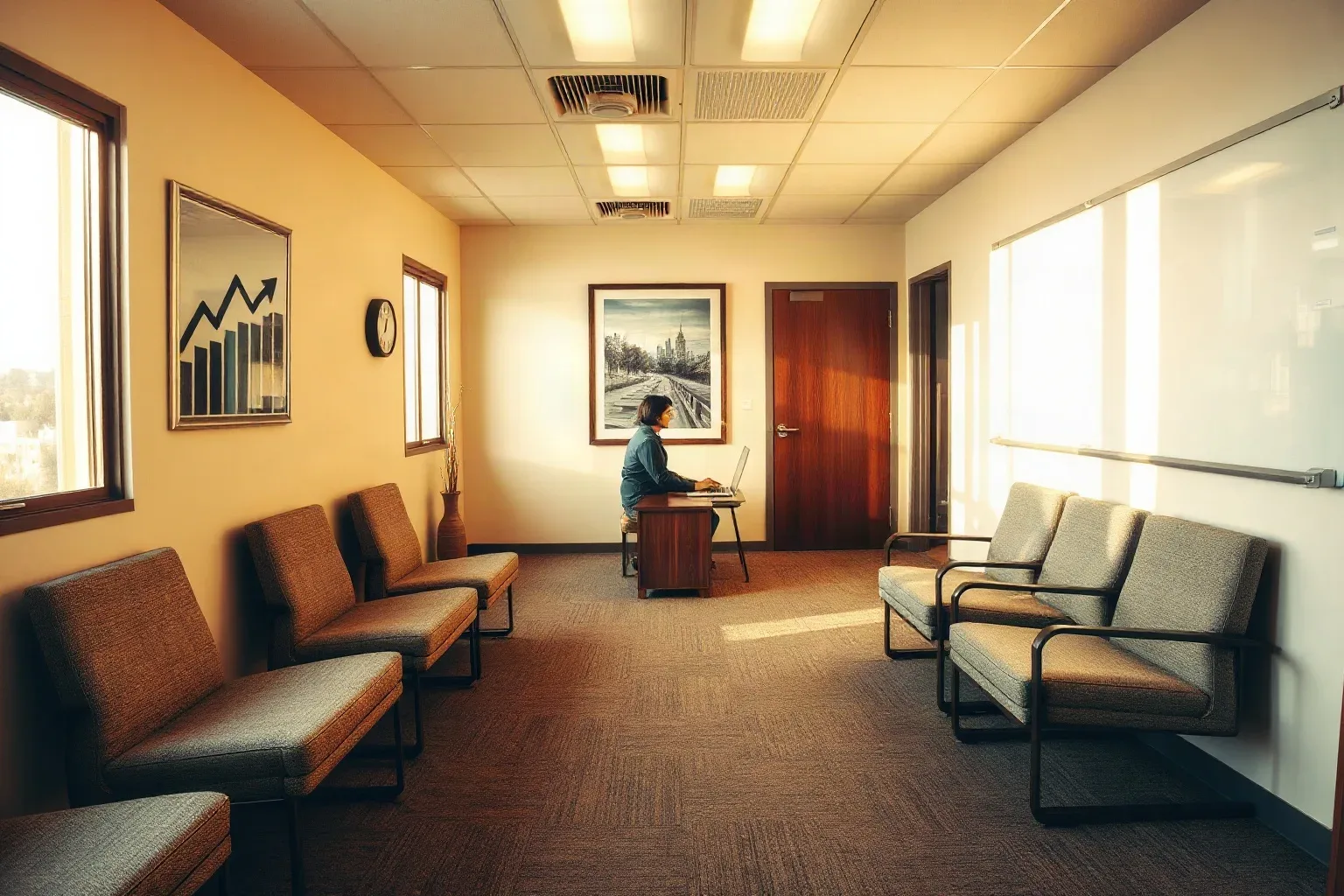A person sits at a desk working on a laptop in an office waiting area lined with upholstered chairs along the walls