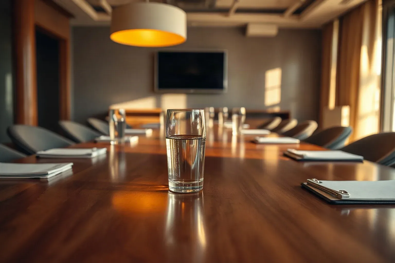 A glass of water on a polished wooden conference table set with notepads, with further glasses and chairs receding into a warmly lit meeting room