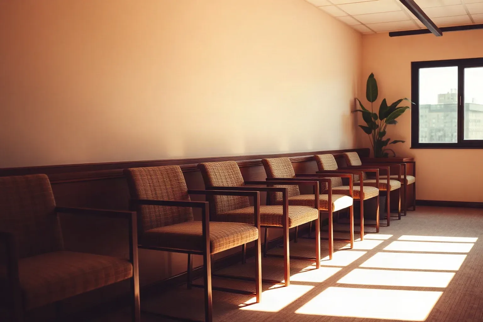 A row of upholstered armchairs lines a wall in an empty waiting area, with sunlight casting rectangular shadows across the carpeted floor beside a potted plant and a window