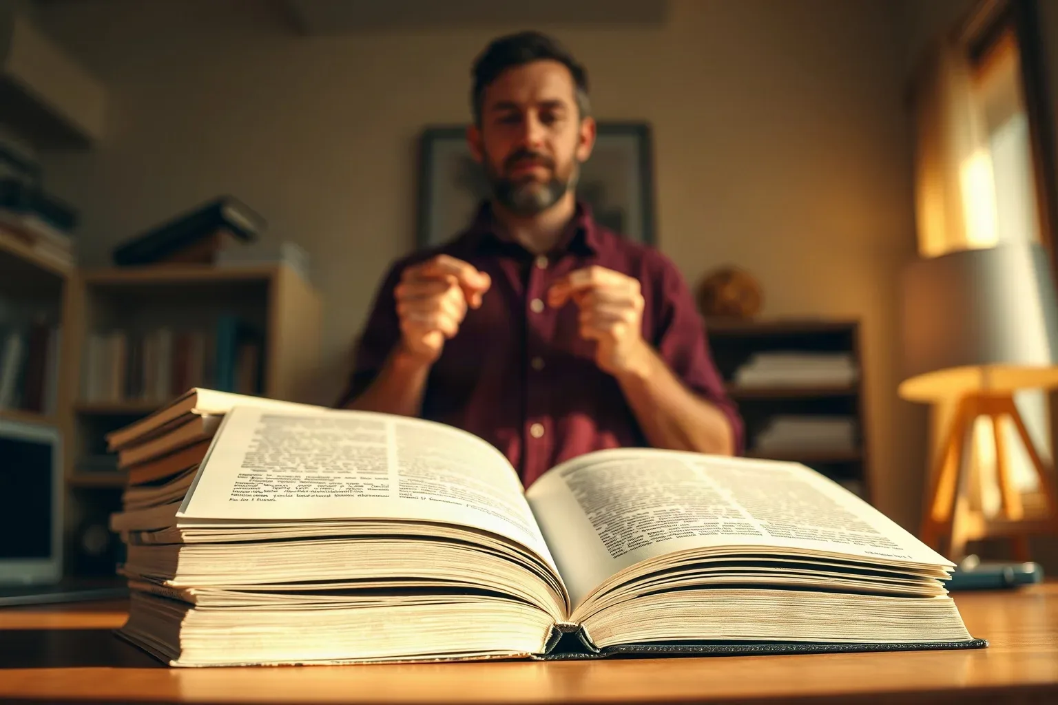 A person sits behind a large open book on a desk, hands raised, with shelves of books visible in the softly blurred background