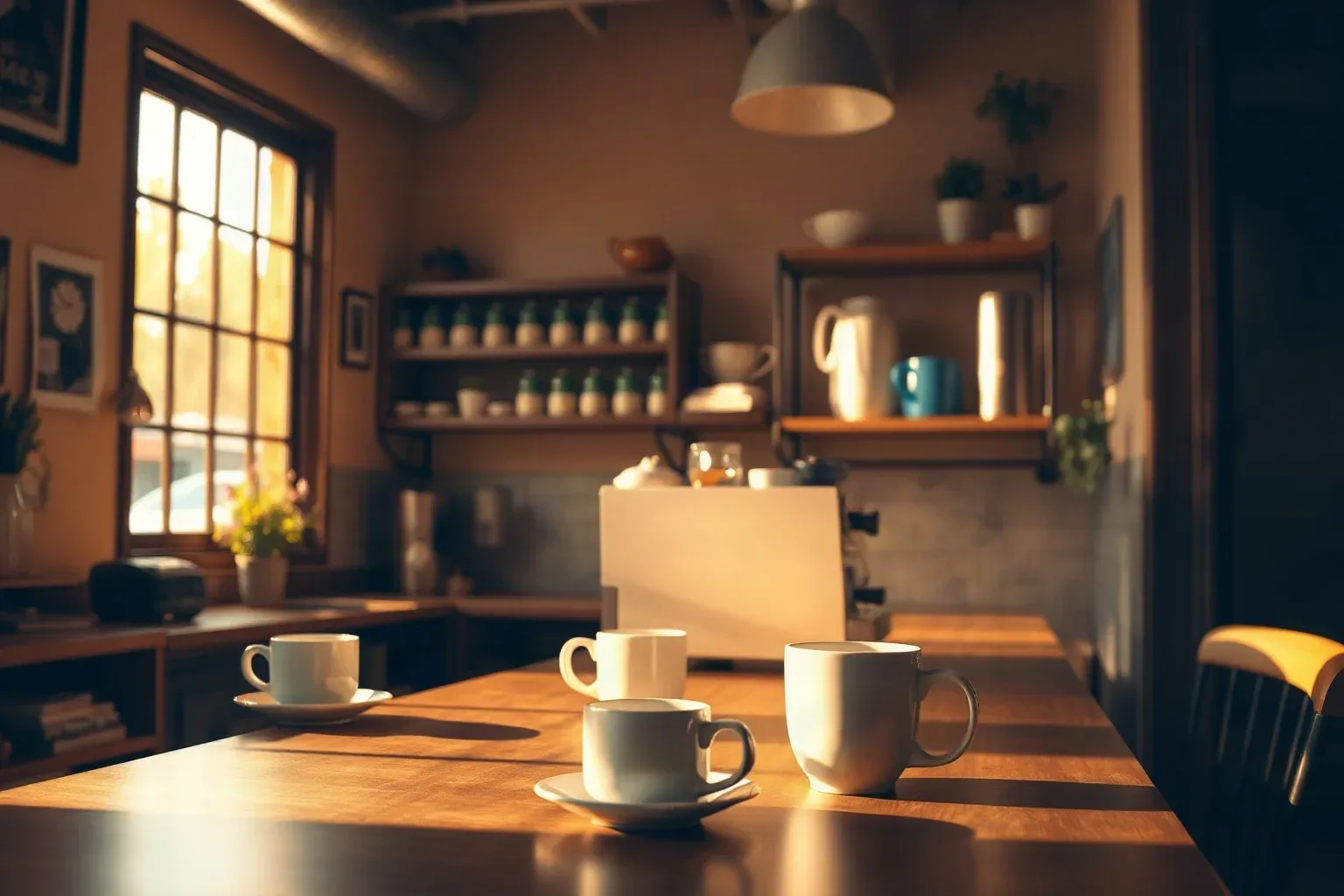 Several white ceramic cups and saucers arranged on a wooden café counter, with shelves of crockery and a large window letting in warm afternoon light behind