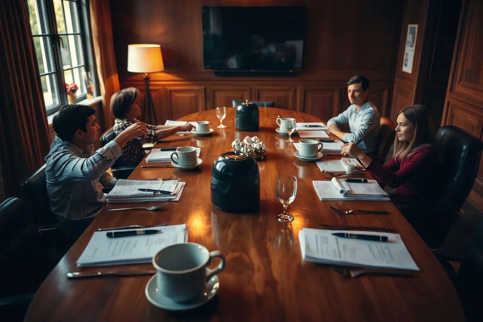 Four people sit around a polished oval wooden conference table covered with documents, cups of coffee, and glasses, in a warmly lit wood-panelled meeting room