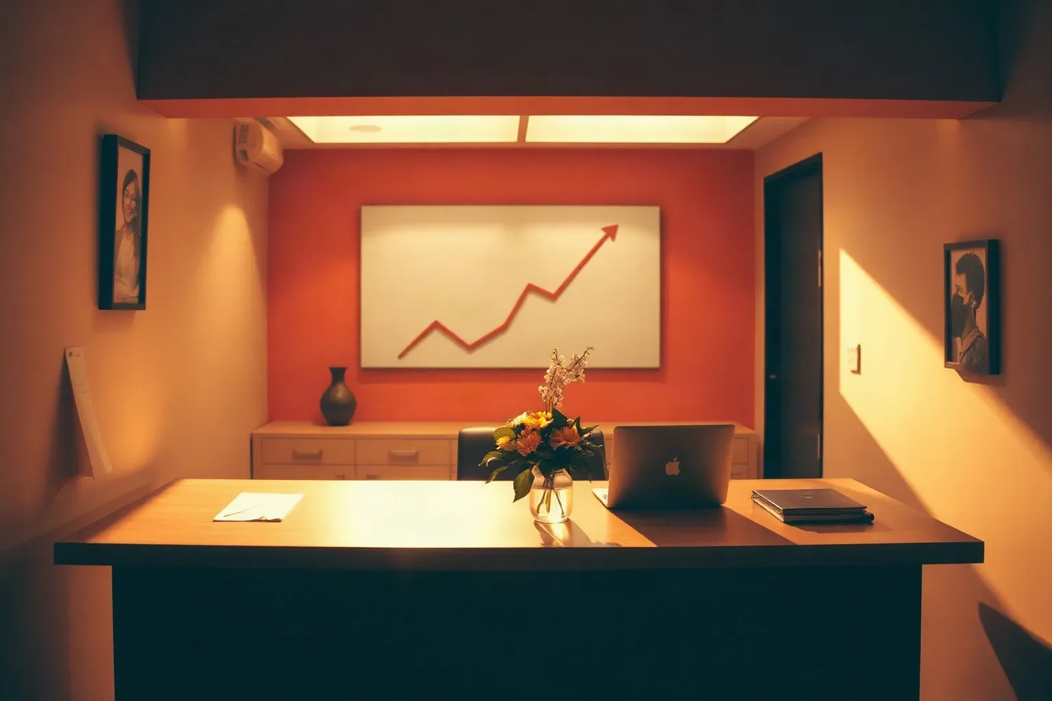 A tidy office desk holds a flower arrangement and a laptop, with a whiteboard displaying an upward-trending arrow graph on a red accent wall behind
