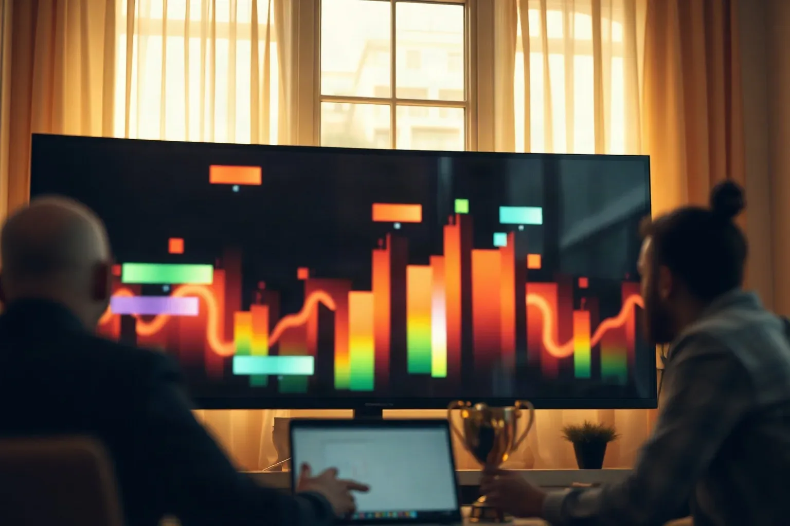 Two people sit with their backs to the camera, looking at a large monitor displaying a colourful abstract bar chart visualisation
