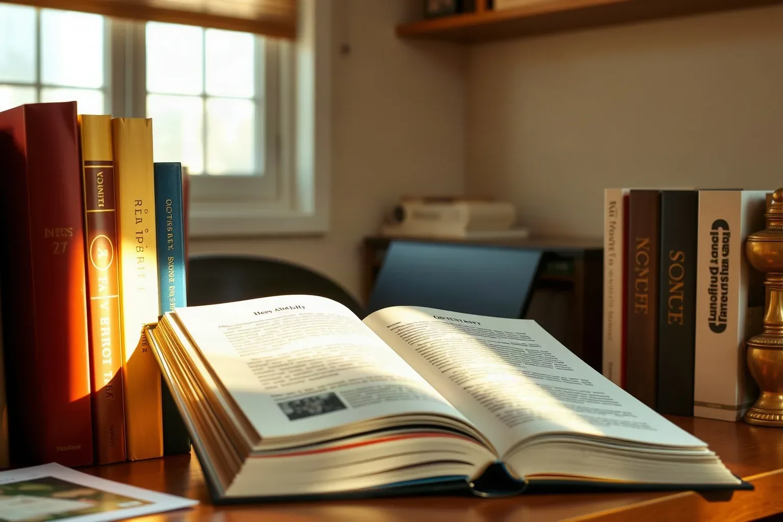 An open book rests on a wooden desk beside a short row of upright bound volumes, lit by warm sunlight from a nearby window