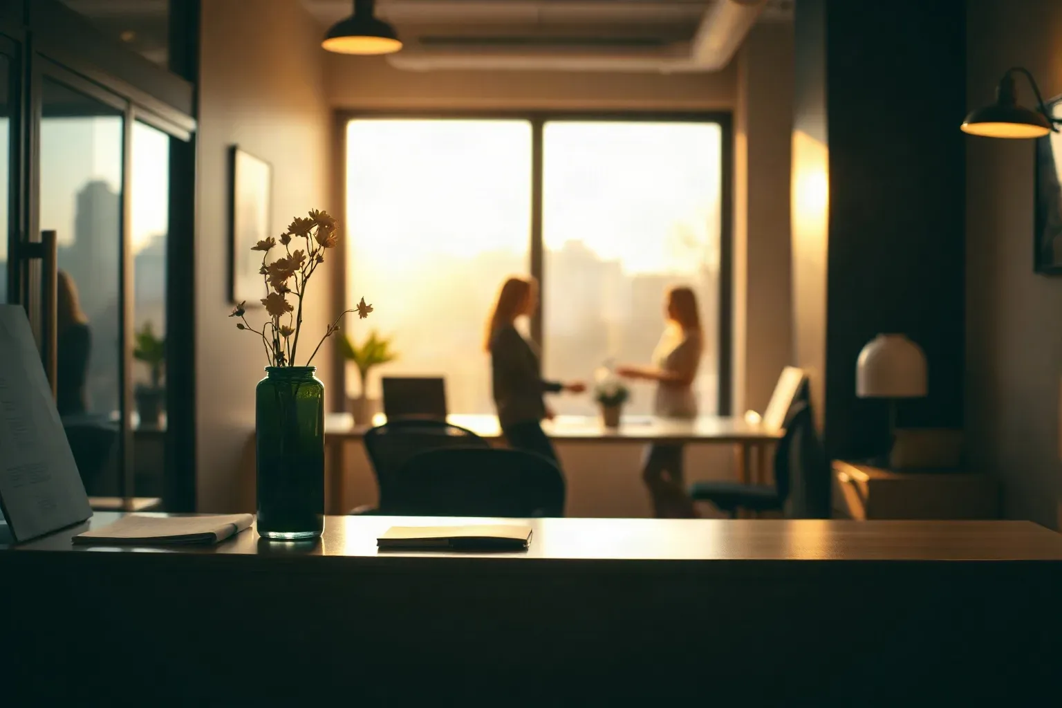 Two people stand talking near a window in a warmly lit office, with a green glass vase of flowers and a notebook on a desk in the foreground