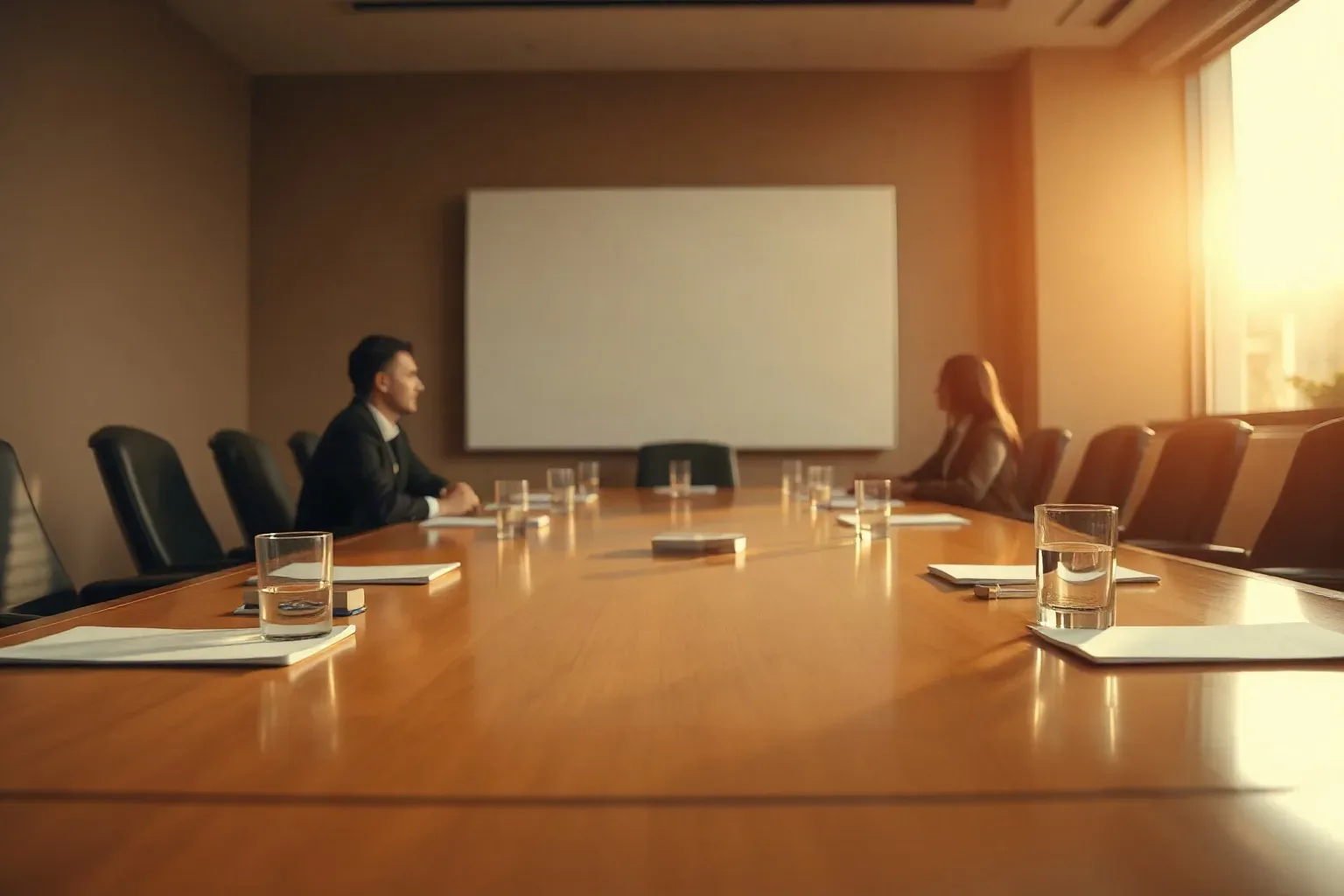 Two people sit at opposite ends of a long polished conference table set with water glasses and notepads, facing a blank screen on the wall, in a warmly lit meeting room