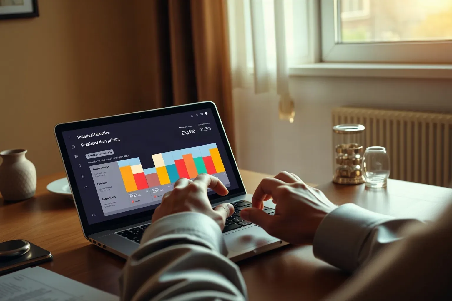 A person works at a laptop on a wooden desk, the screen displaying a colourful bar-chart dashboard, in a warmly lit room