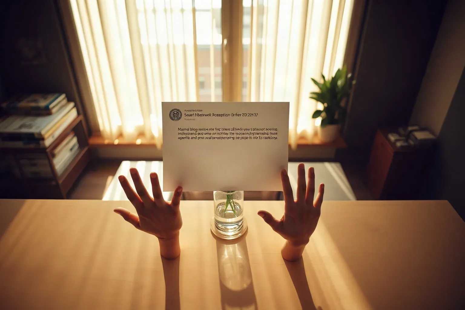 A person holds a white card upright on a tidy desk beside a glass vase, viewed from a low angle with warm light from a curtained window behind
