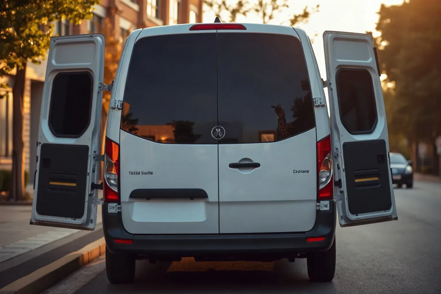 A plain white van parked at a kerb with both rear doors open wide, photographed from behind in warm evening light