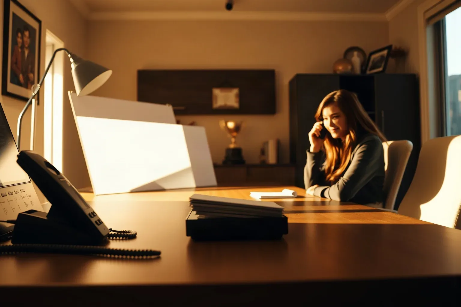 A person sits at a large wooden desk in a warmly lit office, talking on a mobile phone with papers and a desk phone in the foreground