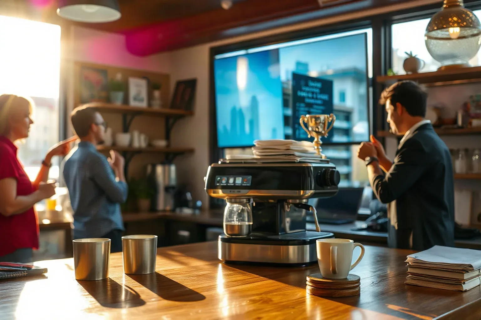 Three people chat and work in a warmly lit café or office kitchen, with an espresso machine, cups, and stacked coasters on a wooden counter in the foreground