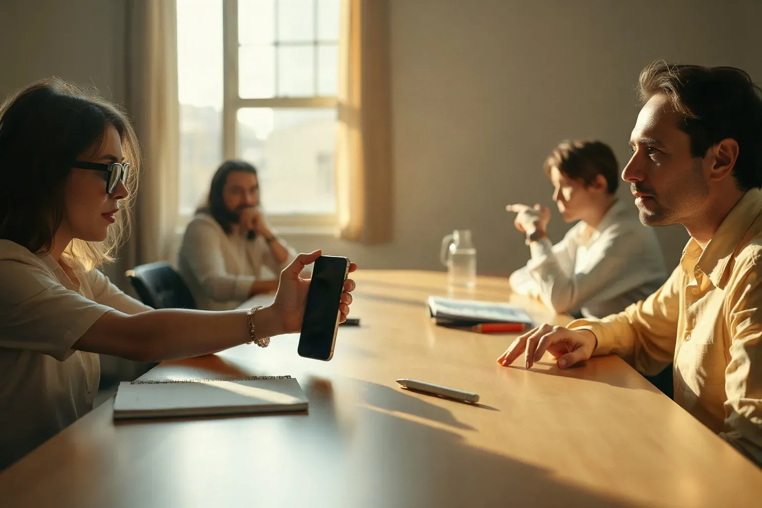 Four people sit around a long wooden table in a sunlit meeting room, with one person holding up a phone towards another seated opposite