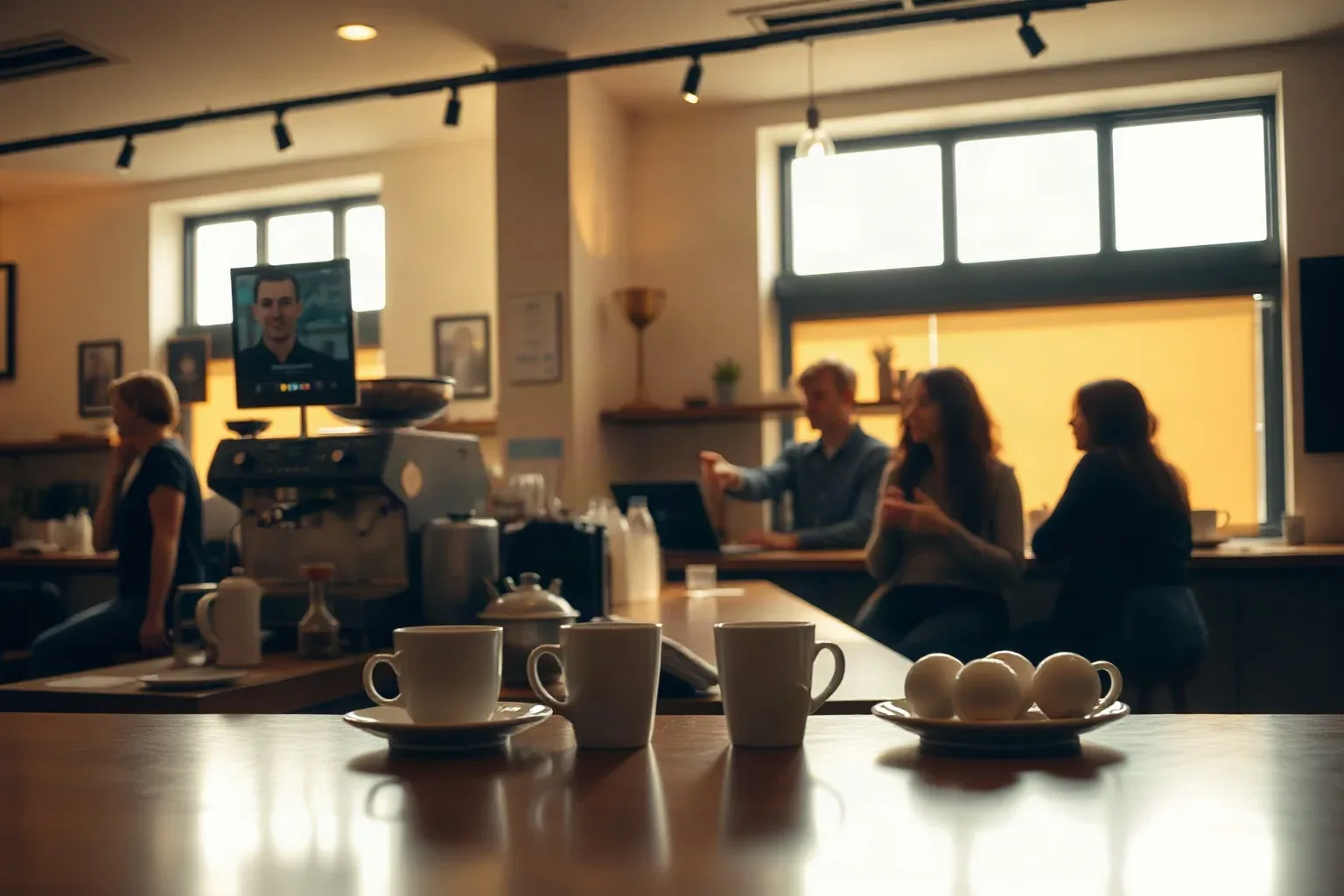 A café interior with cups on a wooden counter in the foreground and several people conversing at tables behind, beside an espresso machine