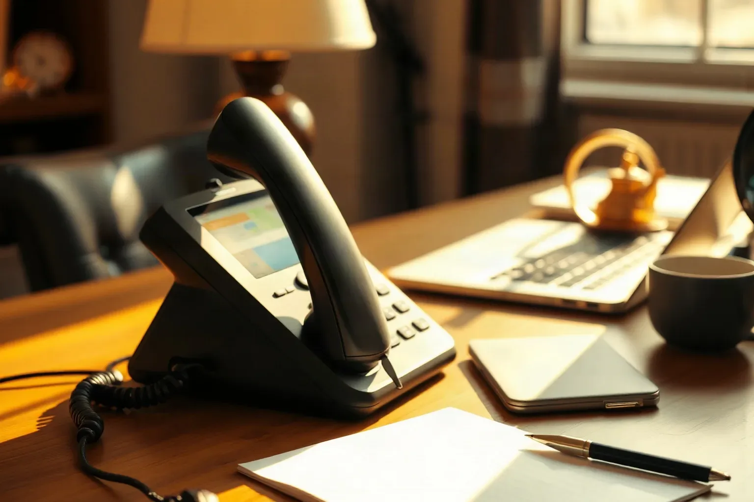 A desk phone with its handset resting in the cradle sits on a wooden desk beside a notepad, pen, and open laptop in warm lamp light