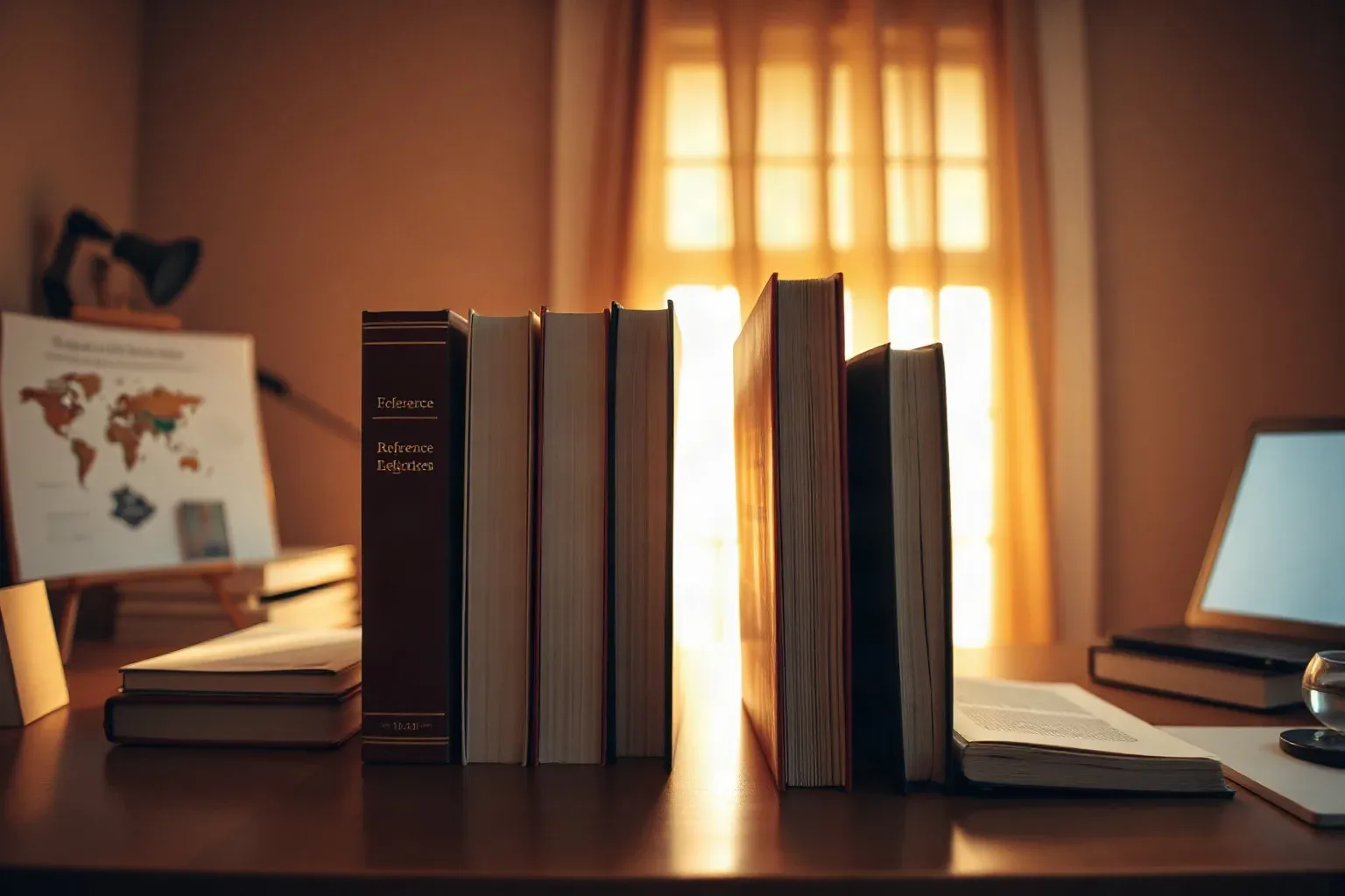 Several hardback reference volumes stand upright in a short row on a dark wooden desk, backlit by warm golden light from a curtained window, with a world-map display and a laptop visible in the background