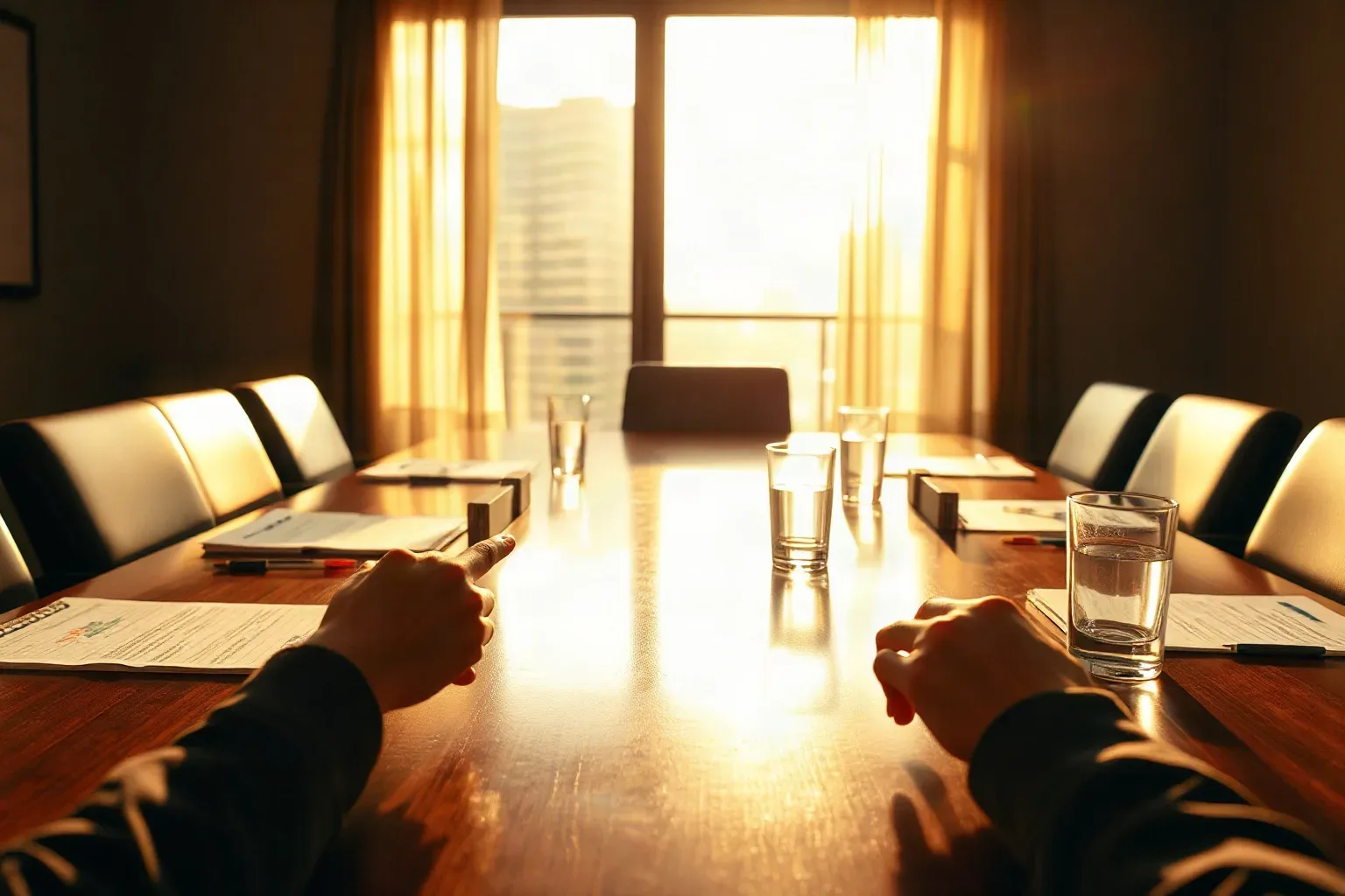 Two people sit opposite each other at a long polished conference table set with water glasses and papers, bright sunlight streaming through tall windows behind empty chairs
