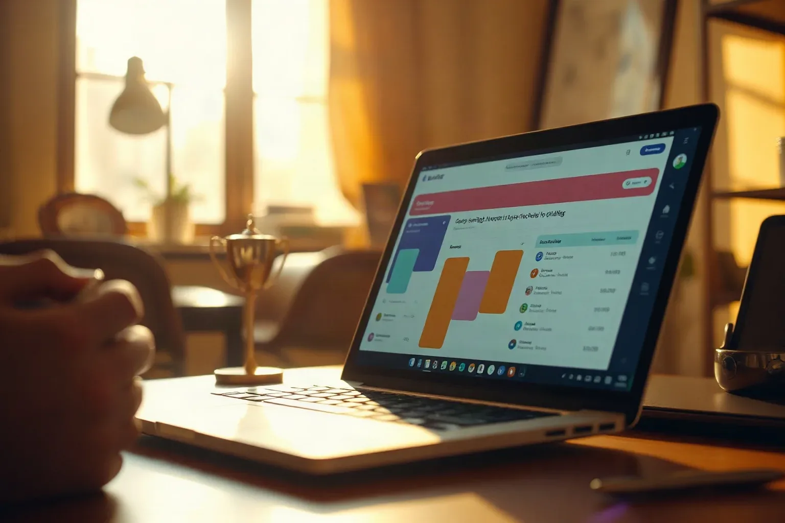 A person holds a mug whilst viewing a laptop on a desk, its screen displaying a colourful dashboard with bar charts, in a warmly lit room