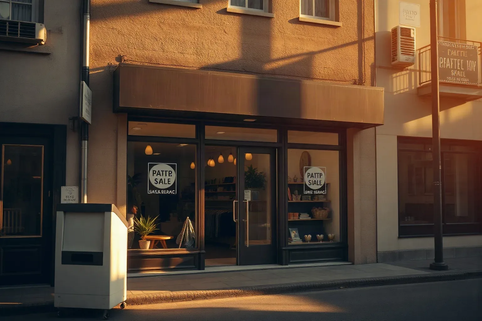 The exterior of a small independent retail shop on a quiet street, bathed in warm golden light, with items visible through large glass windows