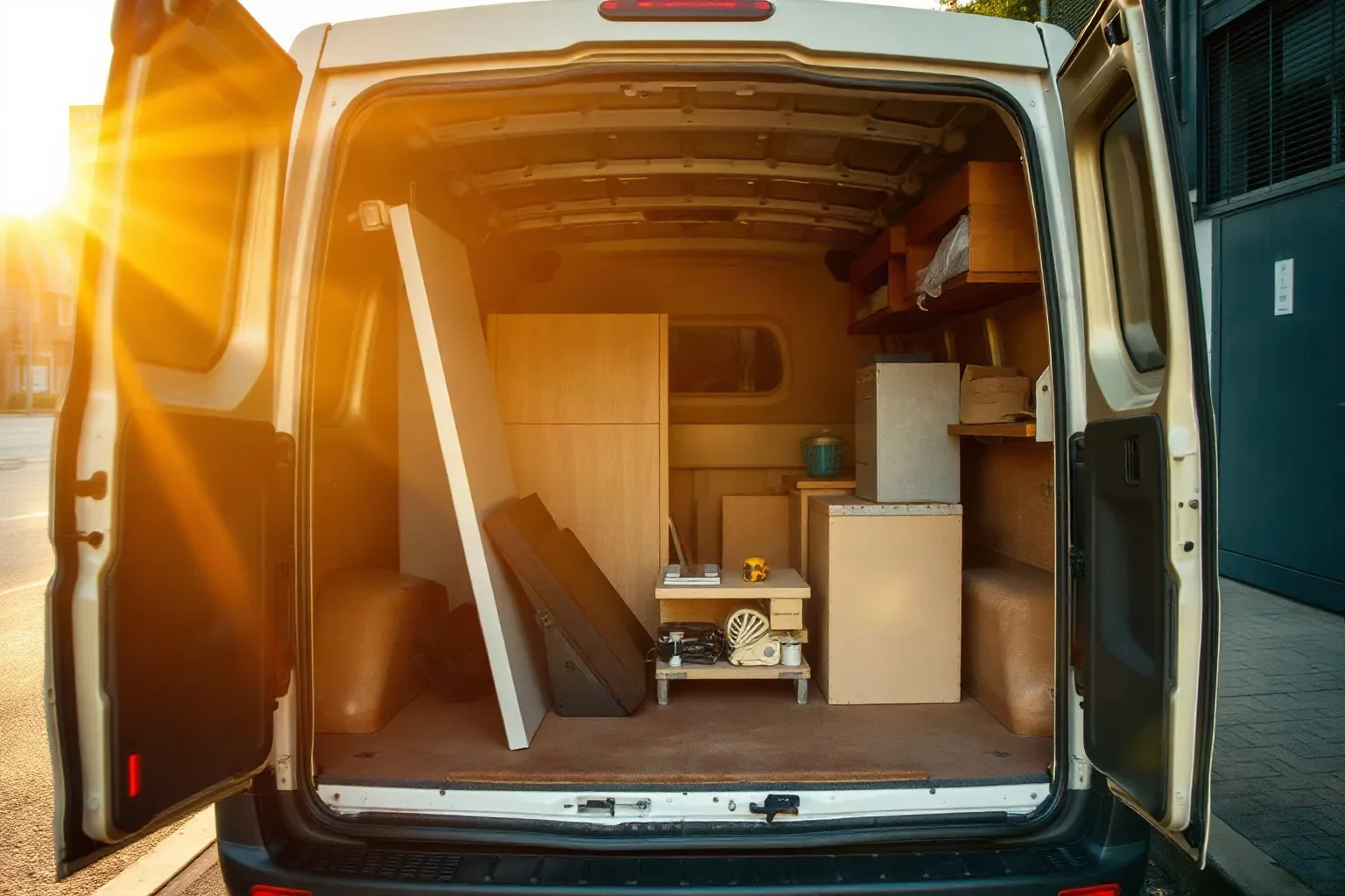The open rear doors of a plain white van reveal a load of wooden furniture, flat panels, cardboard boxes and small appliances packed inside, bathed in warm golden sunlight