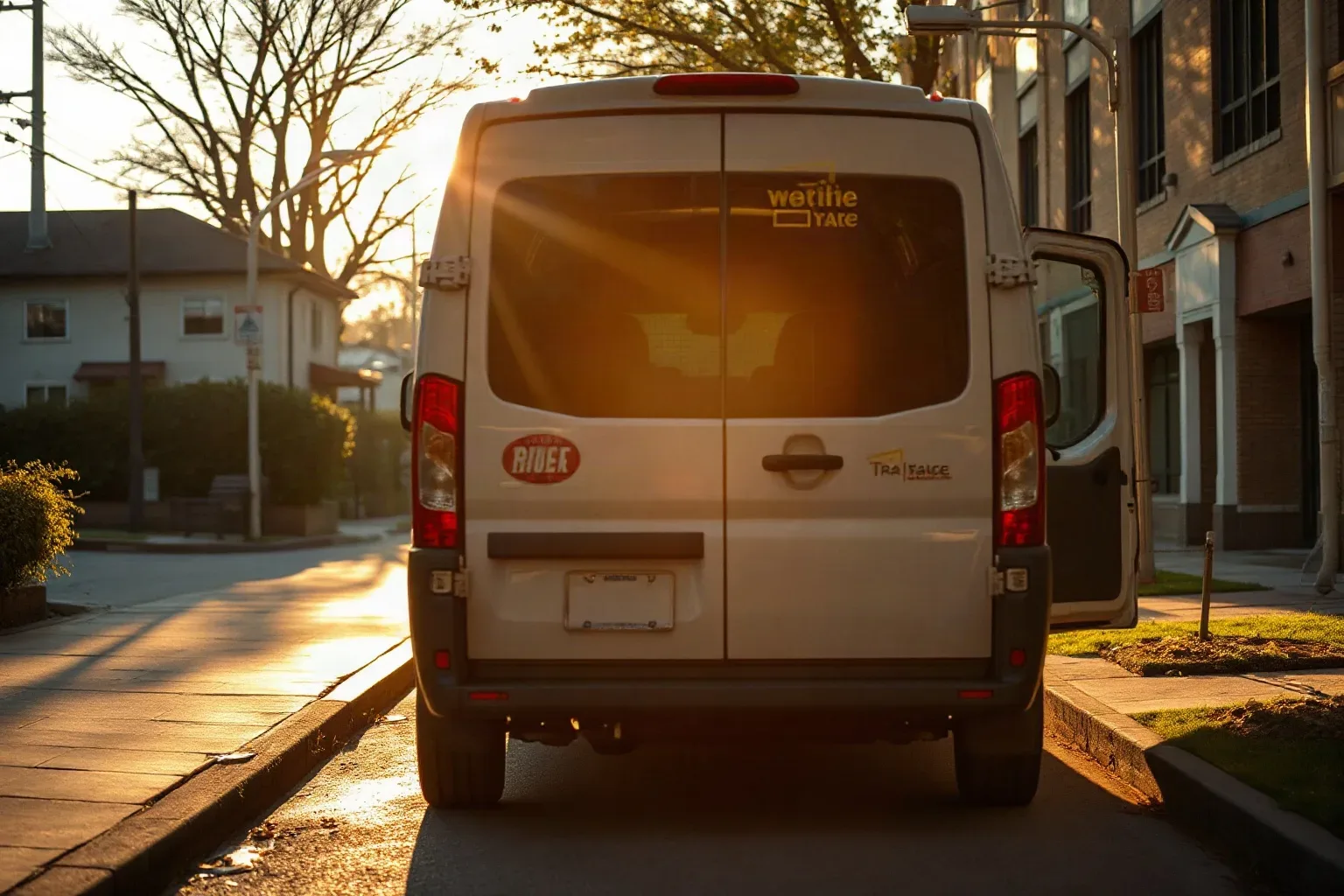 A white van parked at a kerb on a quiet street, seen from behind in warm golden sunset light, with stickers on the rear doors