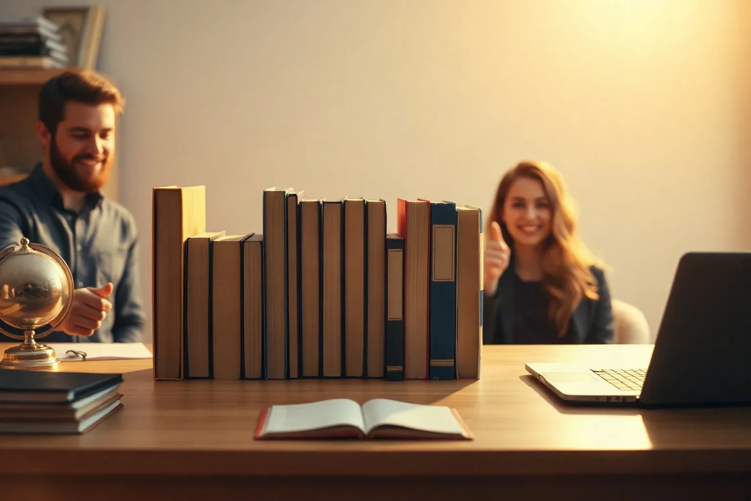 Two people sit at opposite ends of a wooden desk scattered with books standing upright in a row, an open notebook, a small globe, and a laptop, in a warmly lit room
