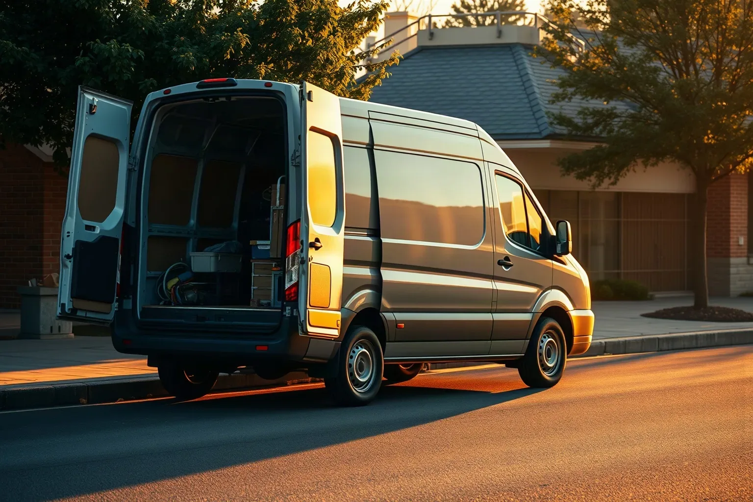 A plain work van is parked at a kerb with its rear doors open, revealing tools and equipment stored inside, bathed in warm golden evening light